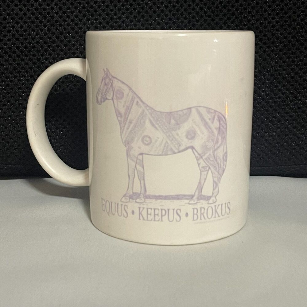 Vintage Horse Mug Equus Keepus Brokus White Ceramic Coffee Cup
